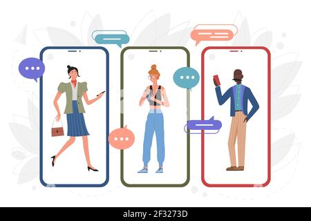 People chatting with friends, online communication in phone chat app of young man woman Stock Vector
