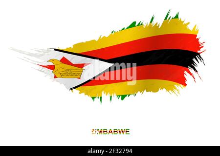 Flag of Zimbabwe in grunge style with waving effect, vector grunge brush stroke flag. Stock Vector