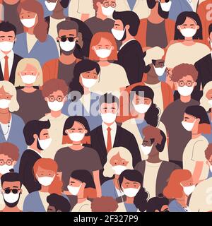 Crowd of people in white medical face mask to protect against coronavirus, quarantine Stock Vector