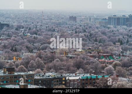 Montreal April 16, 2018, Freezing rain on trees. Ice covered rooftops and buildings, Stock Photo