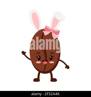 Easter cute coffee bean with bunny ears icon isolated on white baclground. Stock Vector