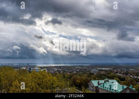 Stormy sky and city of Montreal, early Autumn, Villa Maria private school in foreground, Montreal, Qc Stock Photo