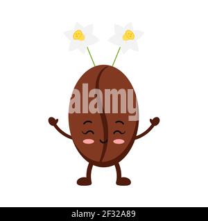 Easter cute coffee bean with narcissus accessory icon isolated on white baclground. Stock Vector