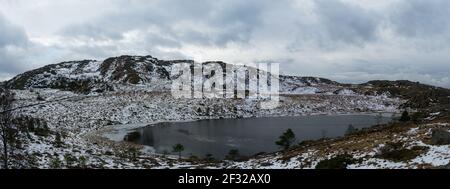 Breathtaking bird's eye view of frozen lake in Norway. Breathtaking panoramic fjords landscape in winter, calm beauty of nature Stock Photo