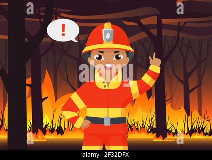 Fireman kid boy firefighter in protective uniform warning about wildfire disaster Stock Vector