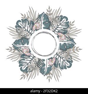 Circle Frame of tropical leaves. Exotic wreath of fronds in delicate colours. One line stile art vector illustration. Template for postcards, invitations, decor, place for text Stock Vector