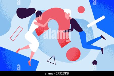 Business geometry, teamwork concept vector illustration. Cartoon tiny woman character sitting on big question mark, solving business problem together Stock Vector