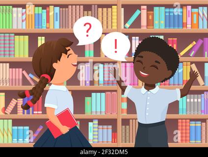 Child booklover in library, happy funny boy girl talking, standing among book shelves Stock Vector