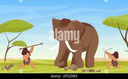 Primitive caveman people hunt ancient woolly mammoth, primeval savage hunters hunting Stock Vector