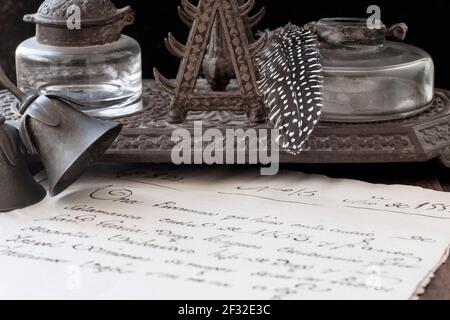 16th century manuscript and writing utensils Stock Photo