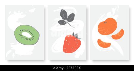 Summer fruits set, kiwi tangerine strawberry template background for social media stories Stock Vector