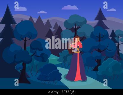Princess crying in night scary forest, waiting for knight savior, fairytale story Stock Vector