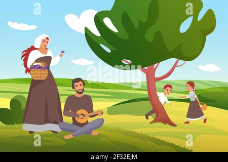 Medieval farmers peasants villagers family spend fun time in green farm village field Stock Vector