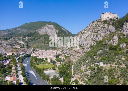 Aerial view of the mountain village Entreveaux with citadel in the Var Valley, Department Alpes-de-Haute-Provence, Region Provence-Alpes-Cote d'Azur Stock Photo