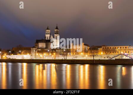 Storm clouds over Magdeburg Cathedral, night shot, long exposure, Magdeburg, Saxony-Anhalt, Germany Stock Photo
