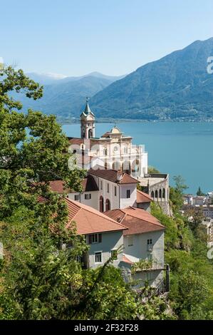 Architecture Neo-Renaissance, Sanctuary, Santuario Madonna del Sasso with Lake Maggiore, Orselina, Locarno, Canton Ticino, Switzerland Stock Photo