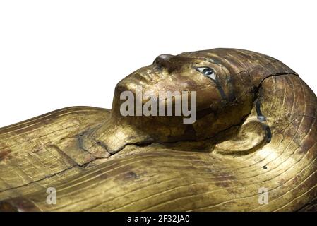 cropping of an Egyptian sarcophagus decorated in gold foil Stock Photo