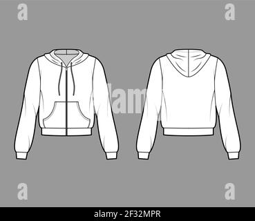 Zip-up Hoody sweatshirt technical fashion illustration with long sleeves, relax body, kangaroo pouch, banded hem, drawstring. Flat apparel template front, back, white color. Women, men, unisex mockup Stock Vector