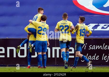 Odense, Denmark. 14th Mar, 2021. Mikael Uhre (11) of Broendby IF scores during the 3F Superliga match between Odense Boldklub and Broendby IF at Nature Energy Park in Odense. (Photo Credit: Gonzales Photo/Alamy Live News Stock Photo