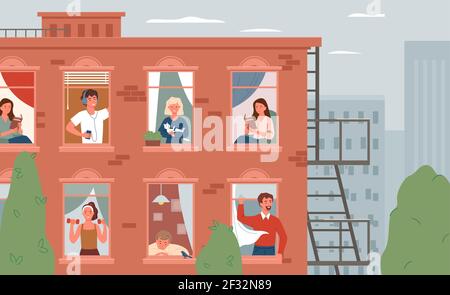 Stay home, daily routine activity, open windows with friendly man woman neighbors Stock Vector