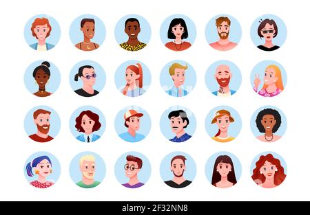 Happy people round portrait avatar for social media set, cute different heads in circles Stock Vector