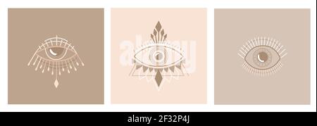 Set of Magic Evil Eyes in Trending Minimal Linear Style. Modern mystical amulet design and home decor idea. Vector Isoteric Illustration Stock Vector