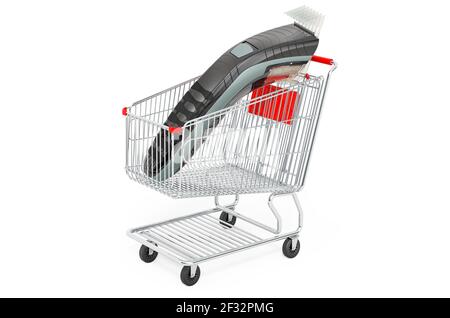 Shopping cart with elliptical trainer. 3D rendering isolated on white background Stock Photo