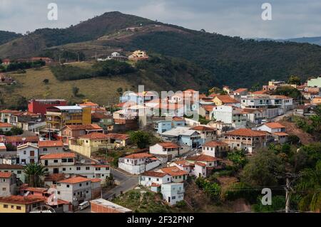 Close up of southeast view of the mountainous landscape region and residential area of Cunha municipality in in the morning. Stock Photo