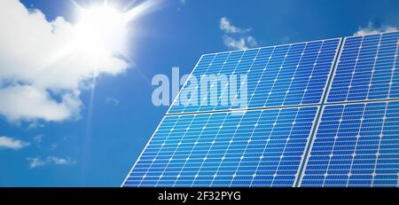 Solar panel illustration with 3D render and sky in background. Photovoltaic, renewable energy sources concept Stock Photo