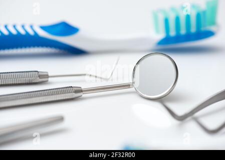 Dental tools on a white background. Medical tools set Stock Photo