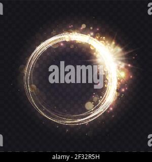 Gold luminous spark ring, light frame effect, glowing swirl lines with sparkling glitter Stock Vector