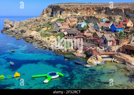 Panoramic view of Popeye Village (Sweethaven Village), the film set of the 1980 musical 'Popeye', currently theme park in Mellieha, Malta Stock Photo