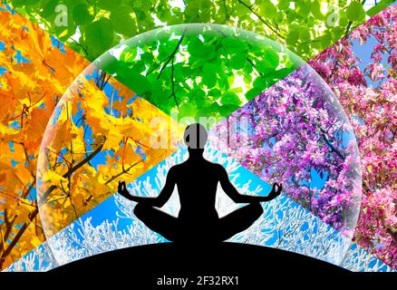 Female yoga figure silhouette against collage of four pictures representing each season: spring, summer, autumn and winter. Stock Photo