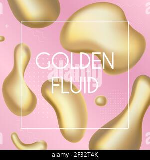 Gold liquid splash abstract shapes and luminous drops, 3d yellow metal fluid drops Stock Vector