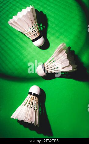 Summer activity cocept, shuttlecocks for badminton game on green noisy background with hard light and shadows from racket Stock Photo