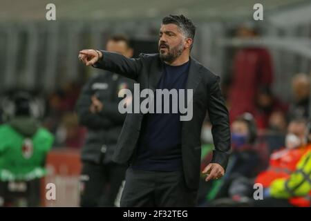 SSC Napoli's Italian coach Gennaro Gattuso gesticulate during the Serie A football match between SSC Napoli and AC Milan at the San Siro Stadium, Naples, Italy, on 14 March  2021 Stock Photo