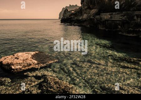 Mediterranean -Tramuntana - Trasparent water- Turqoise- Cala Sant Vicenç  Pollença- Spain Stock Photo