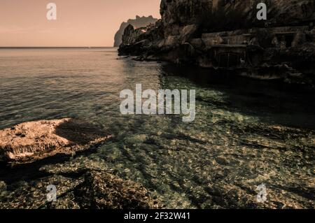 Mediterranean -Tramuntana - Trasparent water- Turqoise- Cala Sant Vicenç  Pollença- Spain Stock Photo