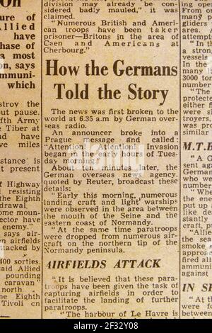'How the Germans Told the Story' looking at first German reports on the D-Day landings, Evening Standard newspaper (replica) on 6th June 1944. Stock Photo