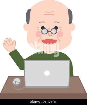Elderly man having a video call on laptop. Vector illustration isolated on white background. Stock Vector