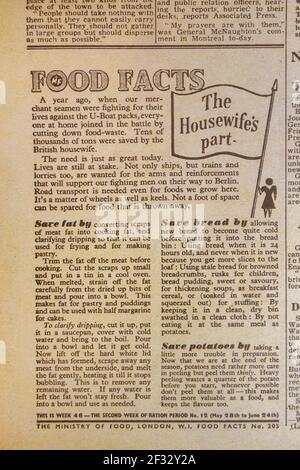 'Food Facts-The Housewife's part' article about preventing food waste in the Evening Standard newspaper (replica) on 6th June 1944. Stock Photo