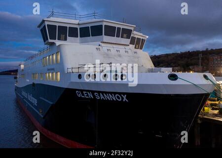 Port Glasgow, Scotland, UK. 14th Mar, 2021. Pictured: Drone photography aerial view of the Caledonian MacBrayne (CalMac) ferry named Glen Sannox, floats in the Firth of Clyde still currently under fabrication. The now Scottish Government owned project is well overdue but expected to be delivered to Caledonian MacBrayne sometime this coming year. COVID19 shutdowns have added an additional cost of £4.3m to the already over-budget ferry costs. Credit: Colin Fisher/Alamy Live News Stock Photo