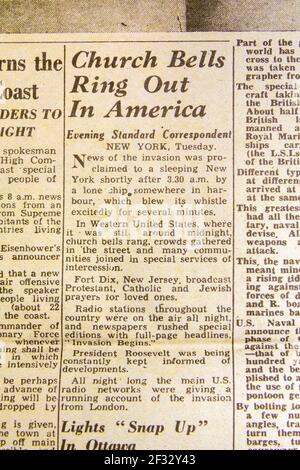 'Church bells ring out in America' about news reports following the D-Day invasion, Evening Standard newspaper (replica) on 6th June 1944. Stock Photo