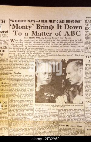 Headline and article about D-Day invasion with photo of General Eisenhower & General Montgomery, Evening Standard newspaper (replica) on 6th June 1944 Stock Photo