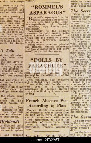 Early reports about D-Day landings, looking at 'Dolls by parachute' and Rommel's Asparagus, Evening Standard newspaper (replica) on 6th June 1944. Stock Photo