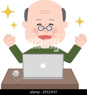 Delighted elderly man looking at a laptop computer. Vector illustration isolated on white background. Stock Vector