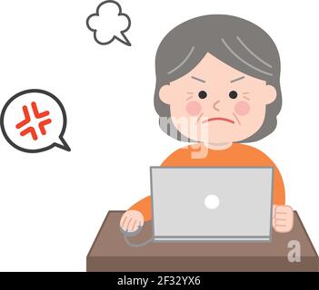 Angry elderly woman looking at a laptop computer. Vector illustration isolated on white background. Stock Vector