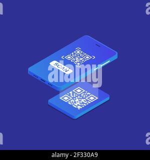 Qr verification. A mobile phone with a scanner reads the qr code in isometric style Vector illustration EPS 10 Stock Vector