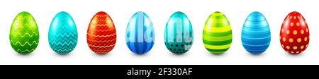 Colorful Easter eggs isolated on white background. Seasonal spring decoration element. Egg hunt game. Vector illustration. Stock Vector