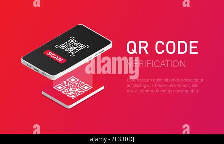 Qr verification. A mobile phone with a scanner reads the qr code in isometric style Vector illustration EPS 10 Stock Vector